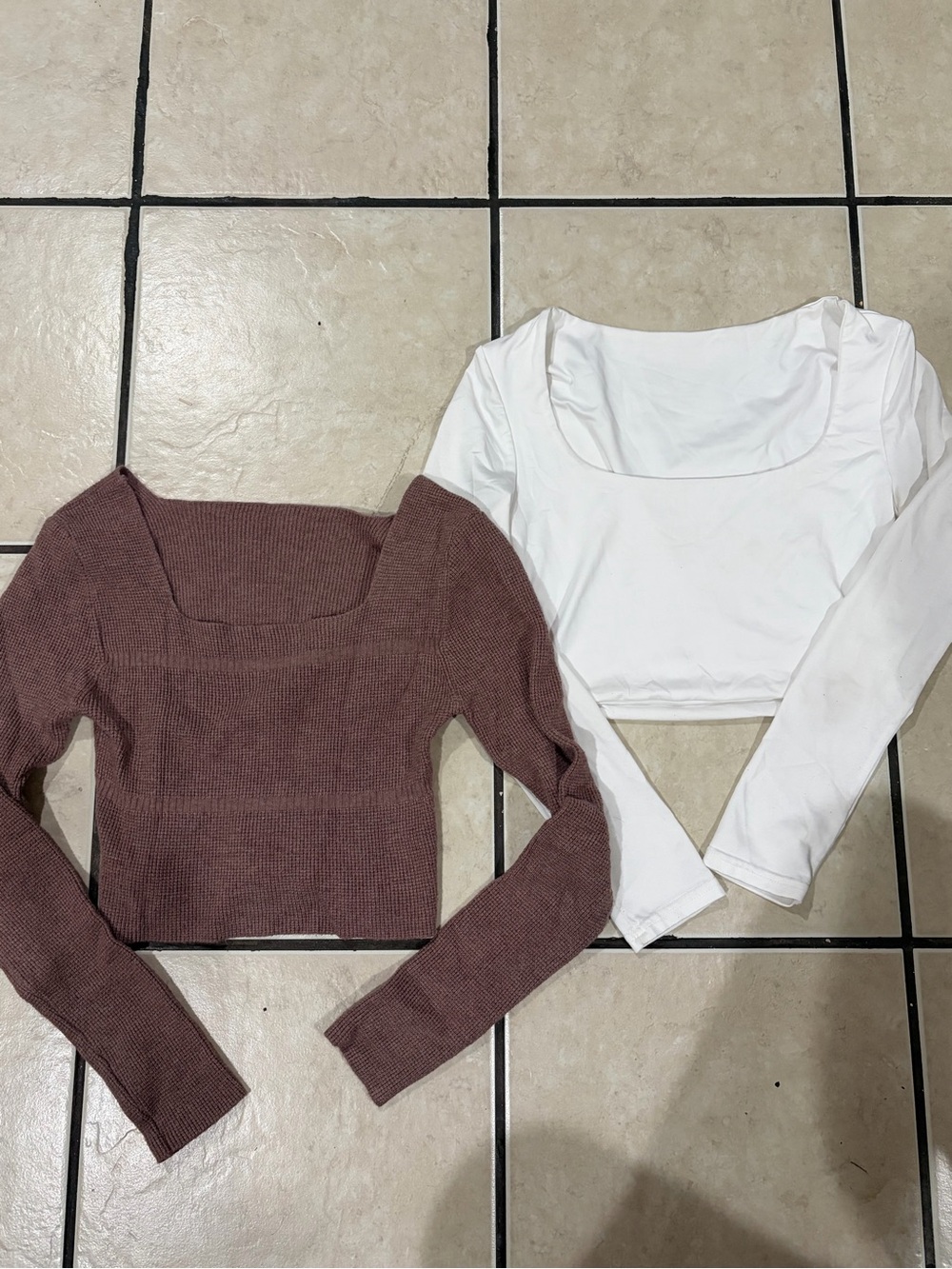 Women's Square Neck Long Sleeve Crop Top bundle - White and Brown